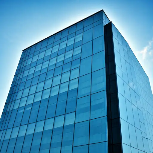 Modern glass commercial office building reflecting blue sky