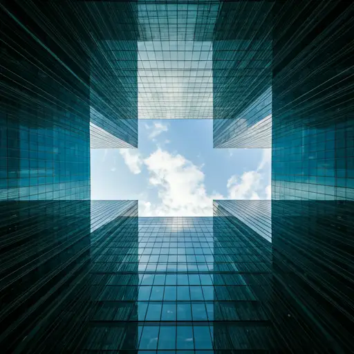 Upward view of modern office towers and glass architecture